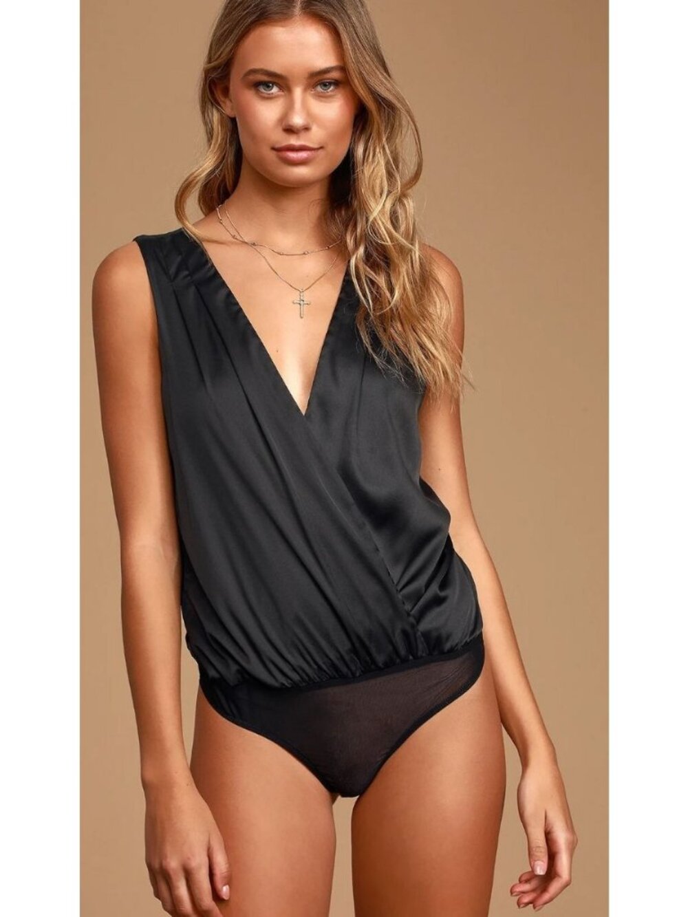 Lulus Prize Winning Black Satin Faux Wrap Thong Bodysuit Women's Size Small NWT!